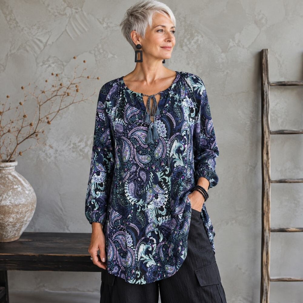 J Jill Blue Purple Paisley Long Sleeve Pop Over Top Large